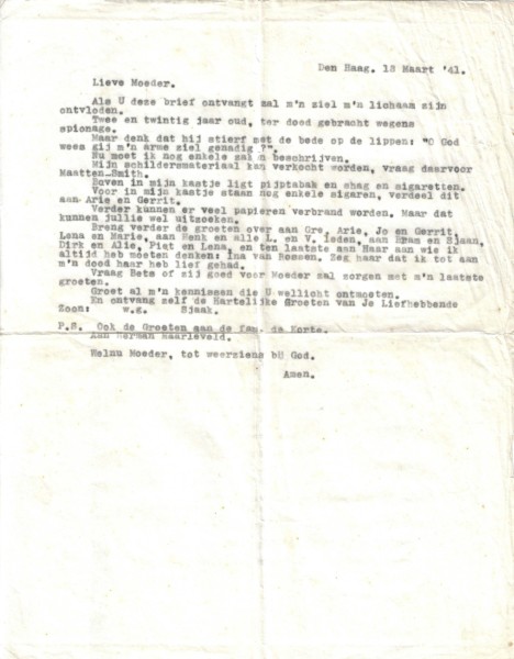 Afscheidsbrief van Jacob van der Ende aan zijn moeder vanuit het Oranjehotel, 13 maart 1941