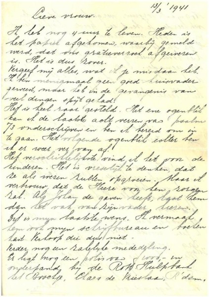 Afscheidsbrief van Leendert Keesmaat vanuit het Oranjehotel aan zijn vrouw Geertje, 13 maart 1941