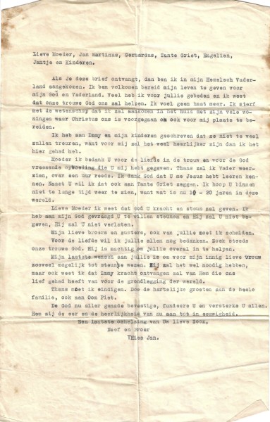Afscheidsbrief van Thies Jan Jansen aan zijn moeder, broers en zussen, 11 mei 1944