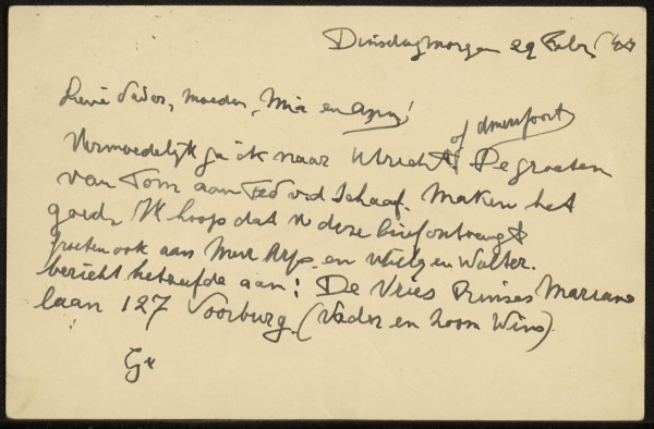 Briefkaart  van Jan Nomes aan zijn vader, moeder, Mia en Anny, 29 februari 1944