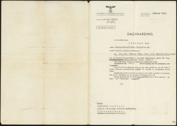 Dagvaarding in de strafzaak van Fonteyn en anderen, gericht aan Franziskus Hofker, 4 februari 1942