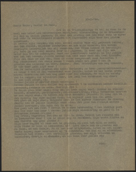 Doorslag van een brief van Willem Jorritsma aan zijn vader en moeder en Hans vanuit het Oranjehotel, 19 mei 1944