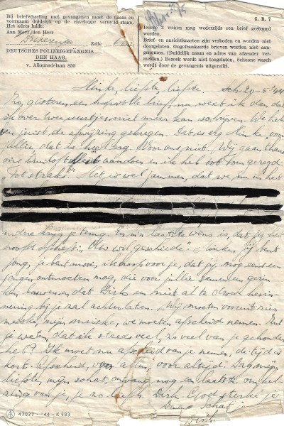 Handgeschreven afscheidsbrief van Dirk Wierenga aan zijn verloofde Hinke Selst vanuit het Oranjehotel, 20 mei 1944 