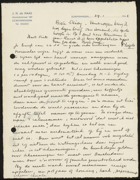 Brief van F. Vogels aan Daisy met informatie over het Oranjehotel, 29 januari 1942