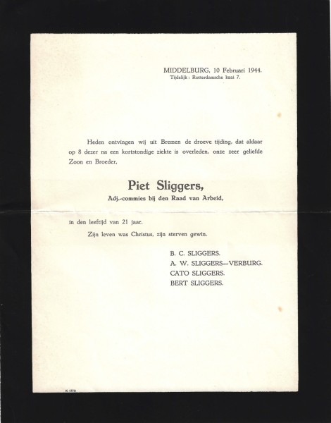 Rouwkaart Piet Sliggers, 10 februari 1944